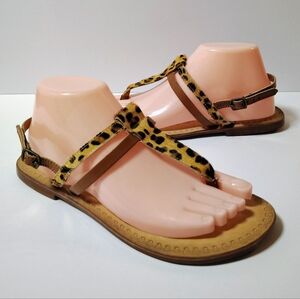 Naughty Monkey Women's Cowhide Leather Toe Post Leopard Slingback Flat Sandals 8
